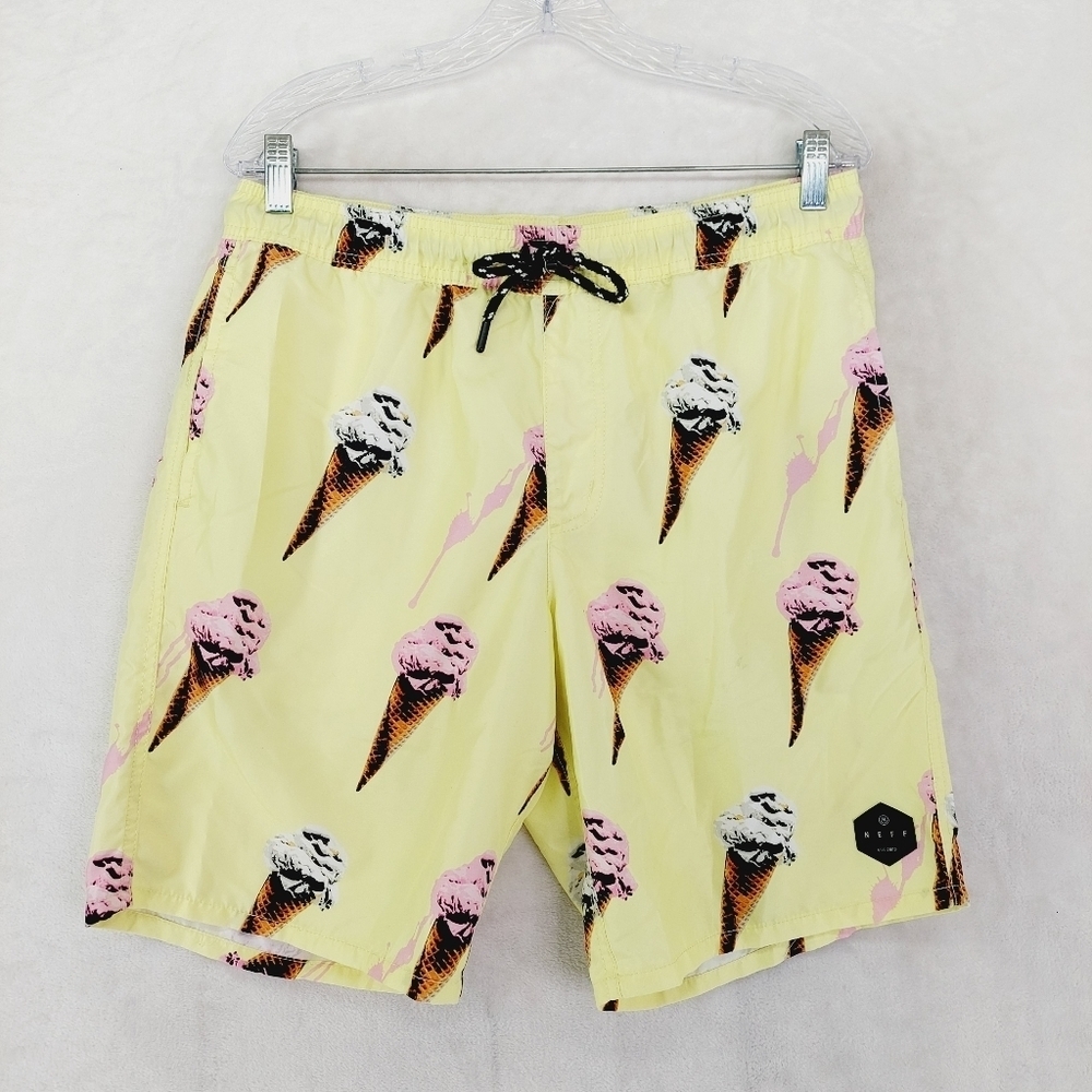 Neff Yellow & Brown Ice Cream Cone High Rise Aloha Swim Trunks Shorts 636